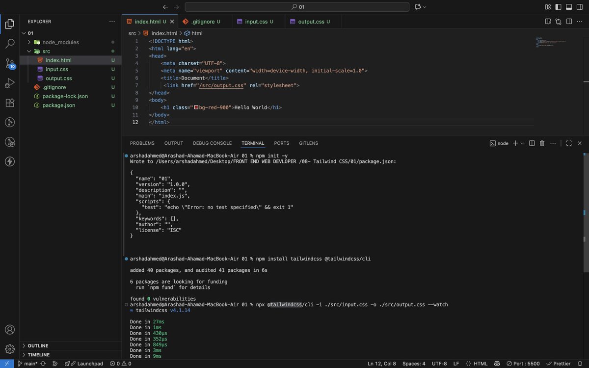 ArashadAhamad10's tweet image. Day 145 of #200DaysOfCode
Learning #TailwindCSS
✅ Twind / Tailwind CSS basics
✅ Utility-first approach → style via HTML class=""
✅ CDN vs NPM setup
✅ Input.css, output.css & CLI workflow
✅ Tailwind.config.js → custom colors, fonts, spacing
✅ package.json scripts