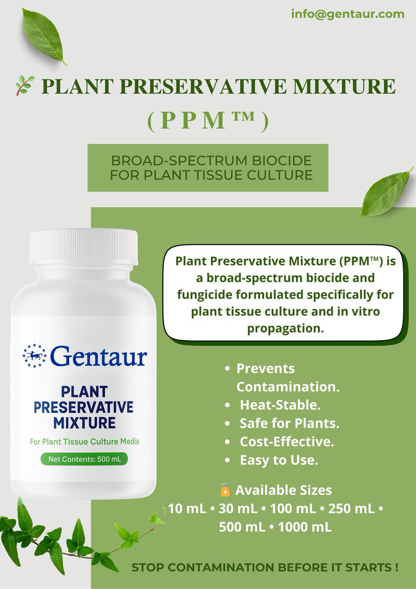 🔬 PPM™ (Plant Preservative Mixture) – stabilny termicznie biocyd o szerokim spektrum działania, zapobiegający skażeniom w hodowlach in vitro.
🧴 Dostępne: 10 mL – 1000 mL
👉 gentaur.com
📧 info@gentaur.com
 #PlantBiotech
