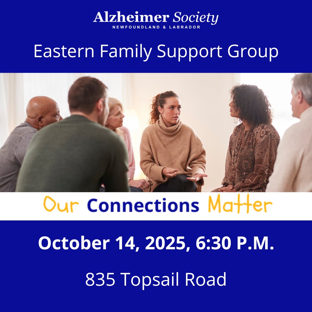Our next Eastern Evening Family Support Group will take place on Tuesday, October 14, 2025, at 6:30 p.m.

To learn more, contact us today at (709) 576-0608 or visit alzheimer.ca/nl.
