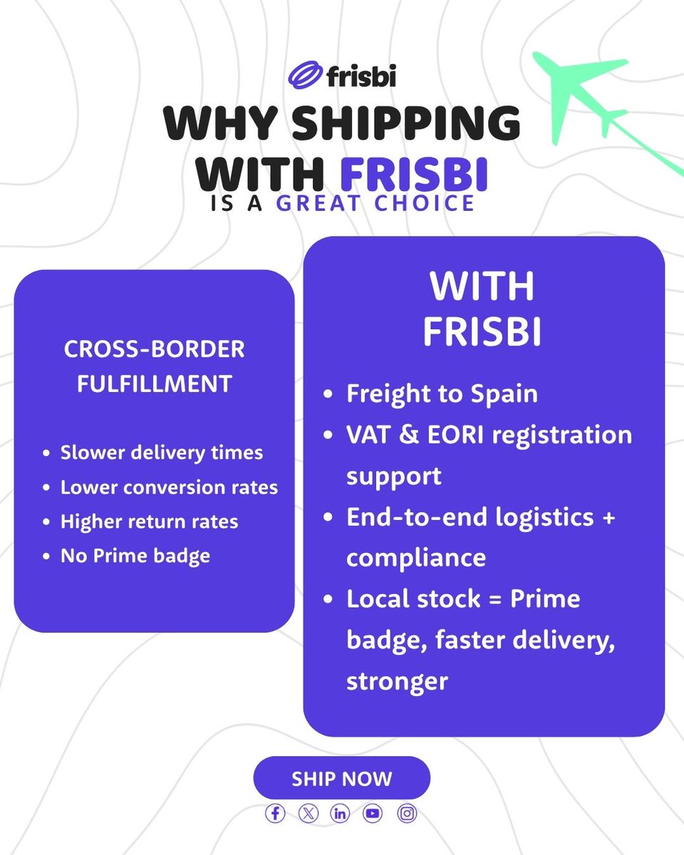 frisbi_global's tweet image. Selling in Spain? 🇪🇸 Don’t let cross-border delays slow your growth.
With Frisbi, you get faster delivery, Prime eligibility, and stronger sales — all with full VAT &amp;amp; EORI support.
#AmazonFBA #Ecommerce #Frisbi #Logistics #GlobalSelling