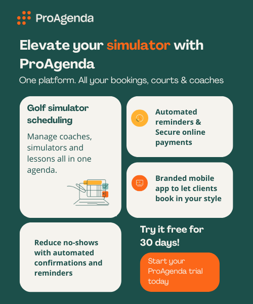 Running an indoor golf studio just got easier.

With ProAgenda:
✅ Manage simulators, coaches &amp; lessons in one smart calendar
✅ Cut no-shows with automated reminders
✅ Offer golfers a seamless, branded booking experience

Spend less time on admin, and more time coaching.