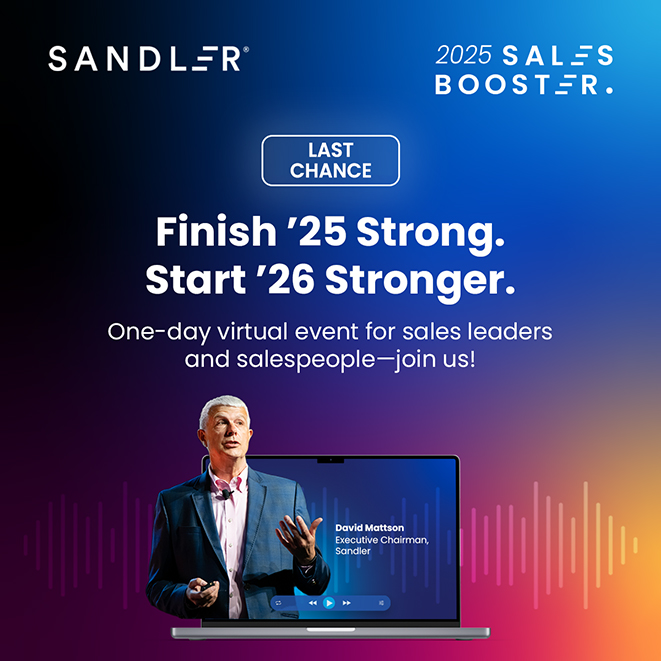 The Sandler Sales Booster is Tomorrow. Be our guest for a one-day virtual event packed with tactical insights for salespeople and sales leaders. Can you make it? hubs.la/Q03Mdrv-0