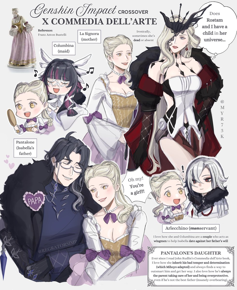 myr_doodles's tweet photo. Fatui x Commedia dell’Arte ft. Pantalone’s daughter, her dad, Signora, and Arlebina 🎭 https://t.co/mo4Pen43NZ