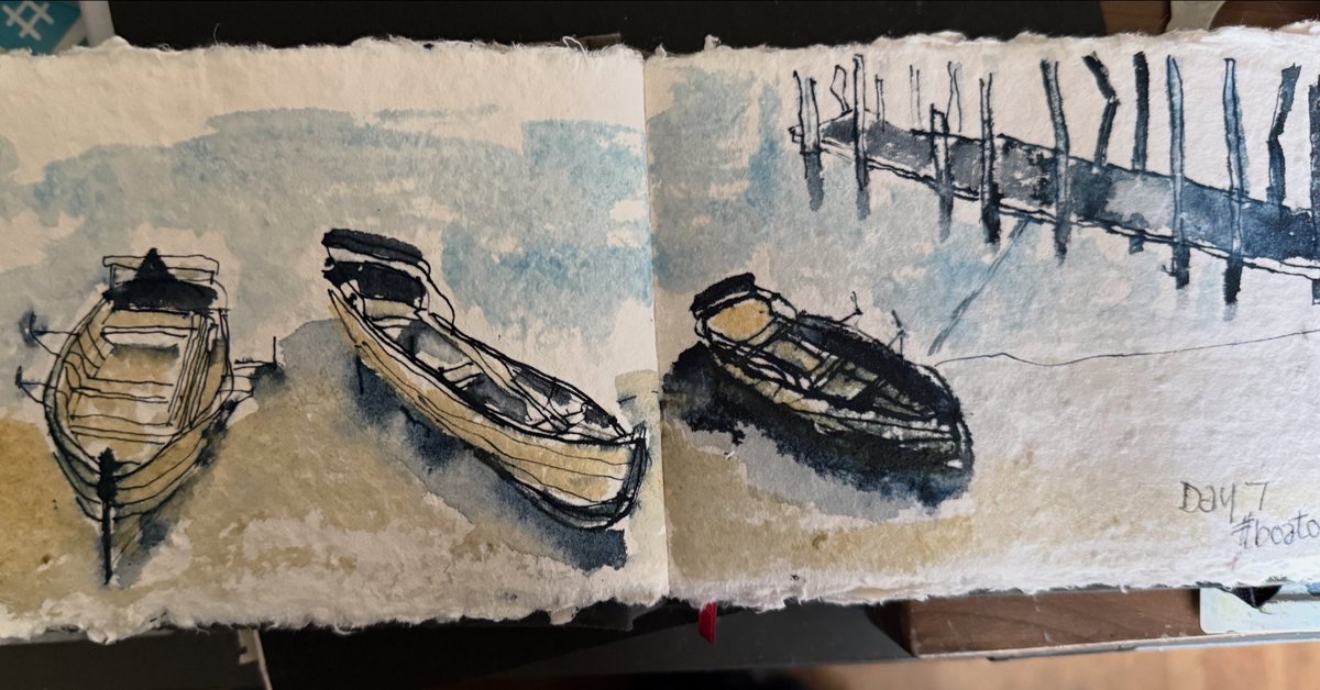 staithesartist's tweet image. Day 7 #boatober2025 organised by the amazing @doug_jackson_artwork Not sure why I committed myself to using a blobby #dippen on #Khadi paper but hey- ho!