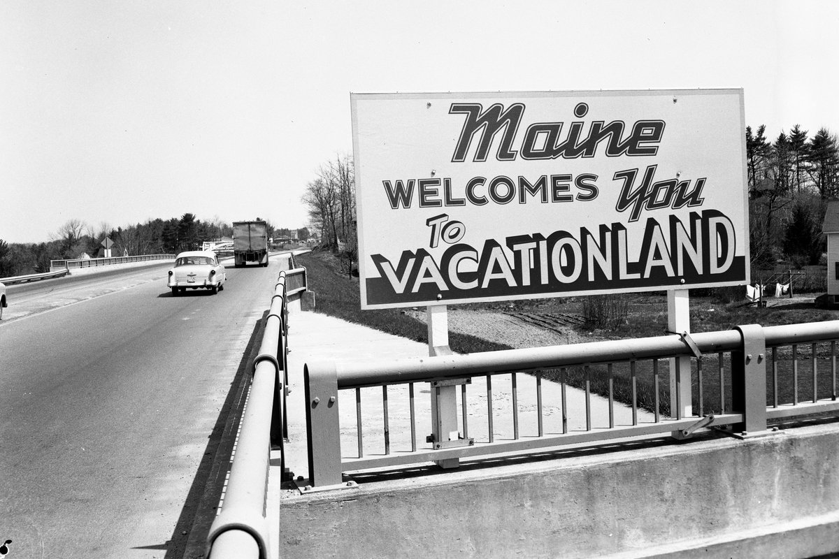 MaineDOT1's tweet image. Maine has greeted travelers with the iconic "Vacationland" welcome for generations, celebrating its legacy as a top destination for scenic drives and timeless adventures across the Pine Tree State. #ThrowbackThursday #Vacationland