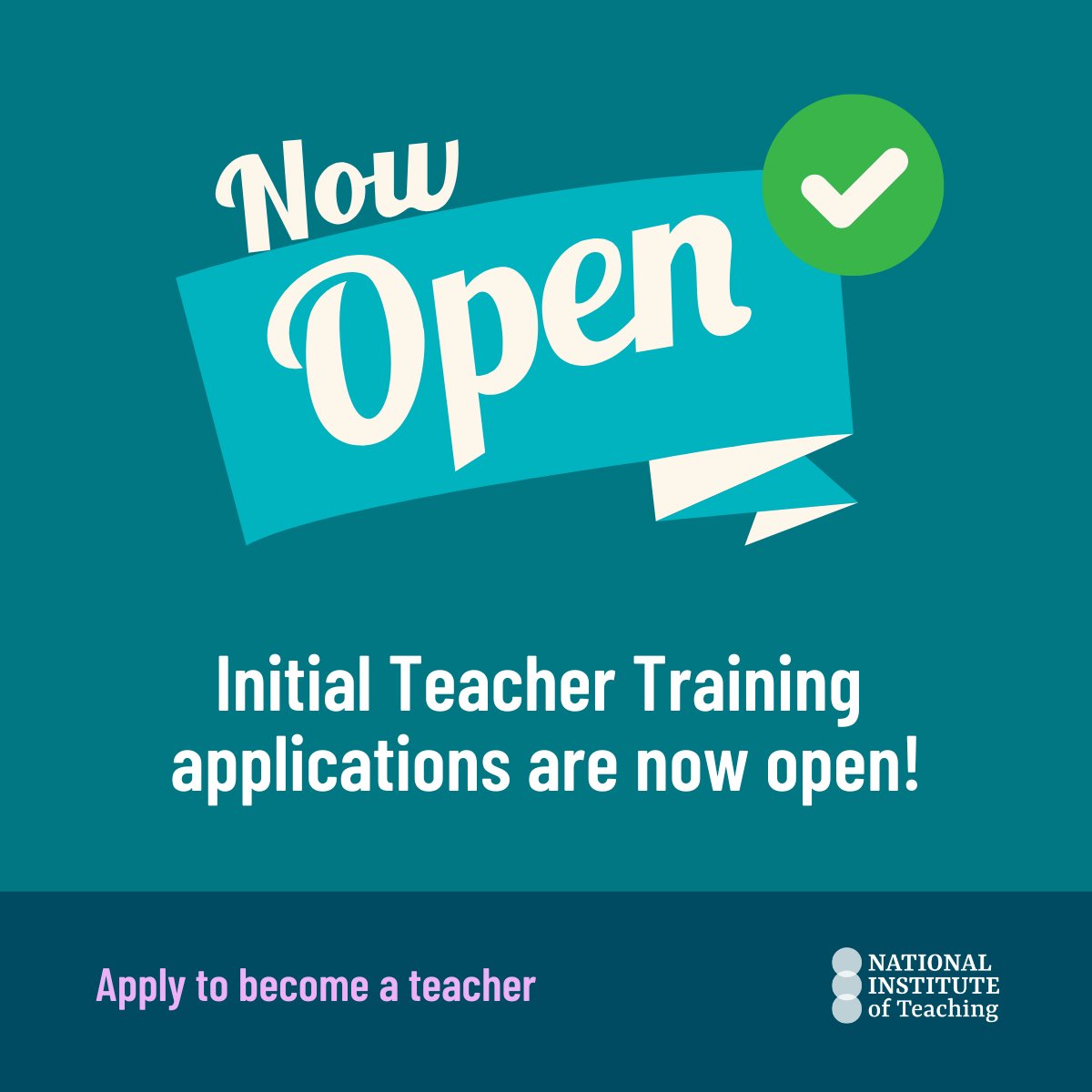 🎓 Applications for Initial Teacher Training are now open <a href="/NatInstTeaching/">National Institute of Teaching</a>! 

Today marks the start of a new recruitment year for future teachers. By next September, trainees will be in classrooms inspiring young minds. 

Share this with them 👉 shorturl.at/k8mSm

#Teaching