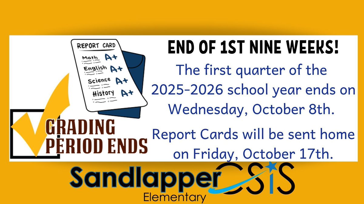 🌟 Attention Star Parents! A quick reminder that the 1st Nine Weeks ends tomorrow, October 8th! 🗓️ Keep an eye out for Report Cards, which will be sent home on Friday, October 17th. 📚✉️ Let’s continue to encourage our All Stars to shine brightly! #ParentEngagement #SchoolUpdates
