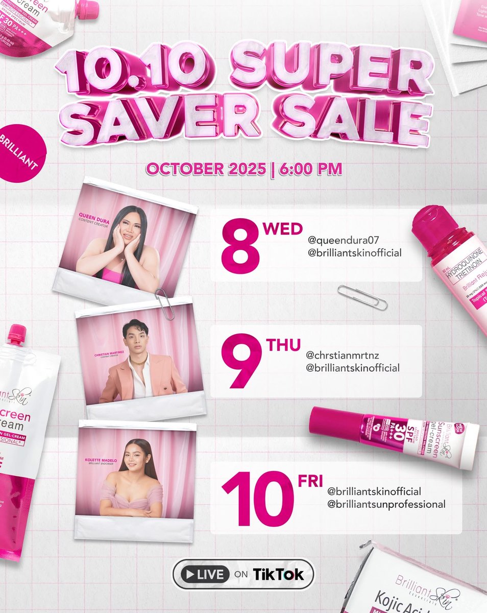 Kira_MCMXCIV's tweet photo. Kolette will be on live on Friday, October 10, 2025, 6PM for the 10.10 Super Saver Sale for Brilliant Skin Essentials 🌷

https://t.co/Hqeft6ln89 https://t.co/oJFXHFvxrD