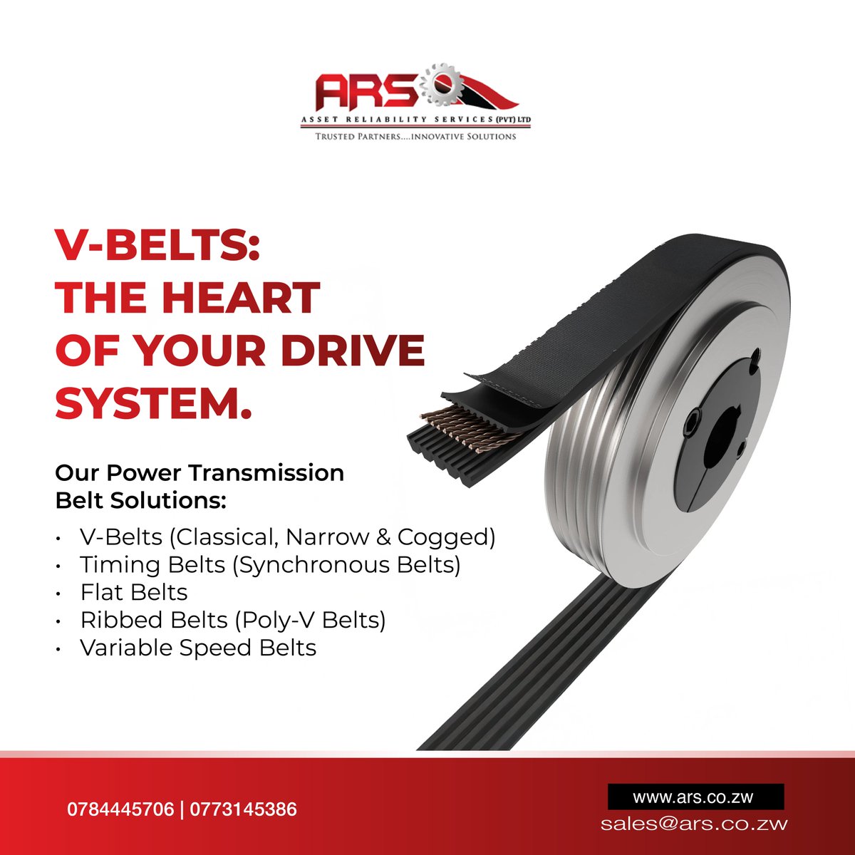 Assetzw's tweet photo. At ARS, we provide reliable V-Belts and Power Transmission Solutions for optimal performance. Choose durable and cost-effective belts to enhance operations. 
 
Contact us for expert solutions: 
📞 0784 445 706 | 0773 145 386 
📧 sales@ars.co.zw | 🌐 https://t.co/wjYGZW2rx0 https://t.co/BJa8jW8hYO