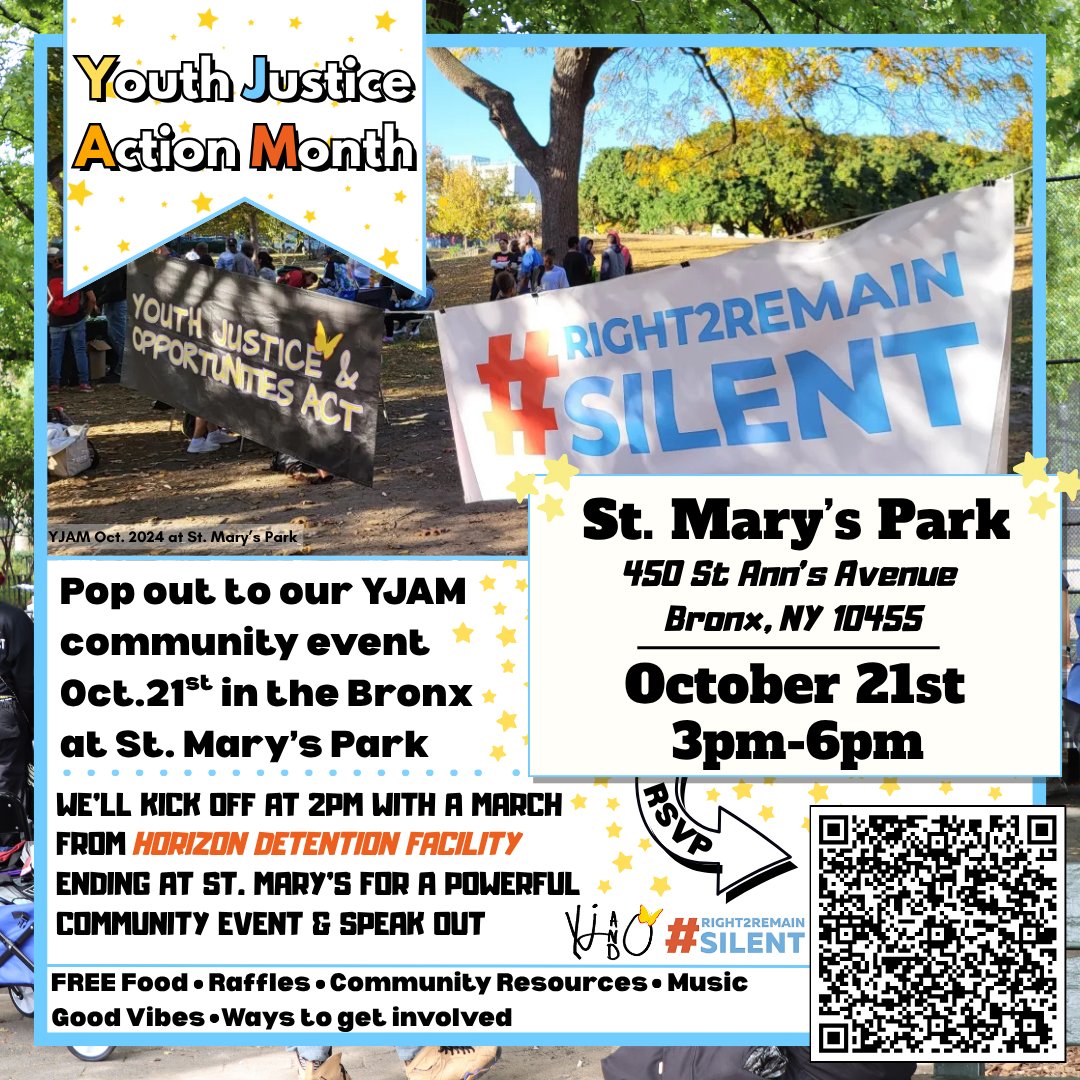October is Youth Justice Action Month! Join us for a #YJAM Rally @ Horizon followed by a Speak Out @ St. Mary’s Park on Tuesday, 10/21 from 2-6pm. 

FREE food, giveaways, community resources and ways to get involved with #Right2RemainSilent &amp; #YouthJusticeAndOpportunitiesAct !
