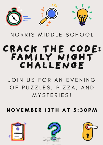 OPS_Norris's tweet image. Mark your calendar for the Norris &quot;Crack the Code&quot; Title I Family Night on November 13th from 5:30-7:00.  #ProblemSolvingFun #RedbirdFamilyFun