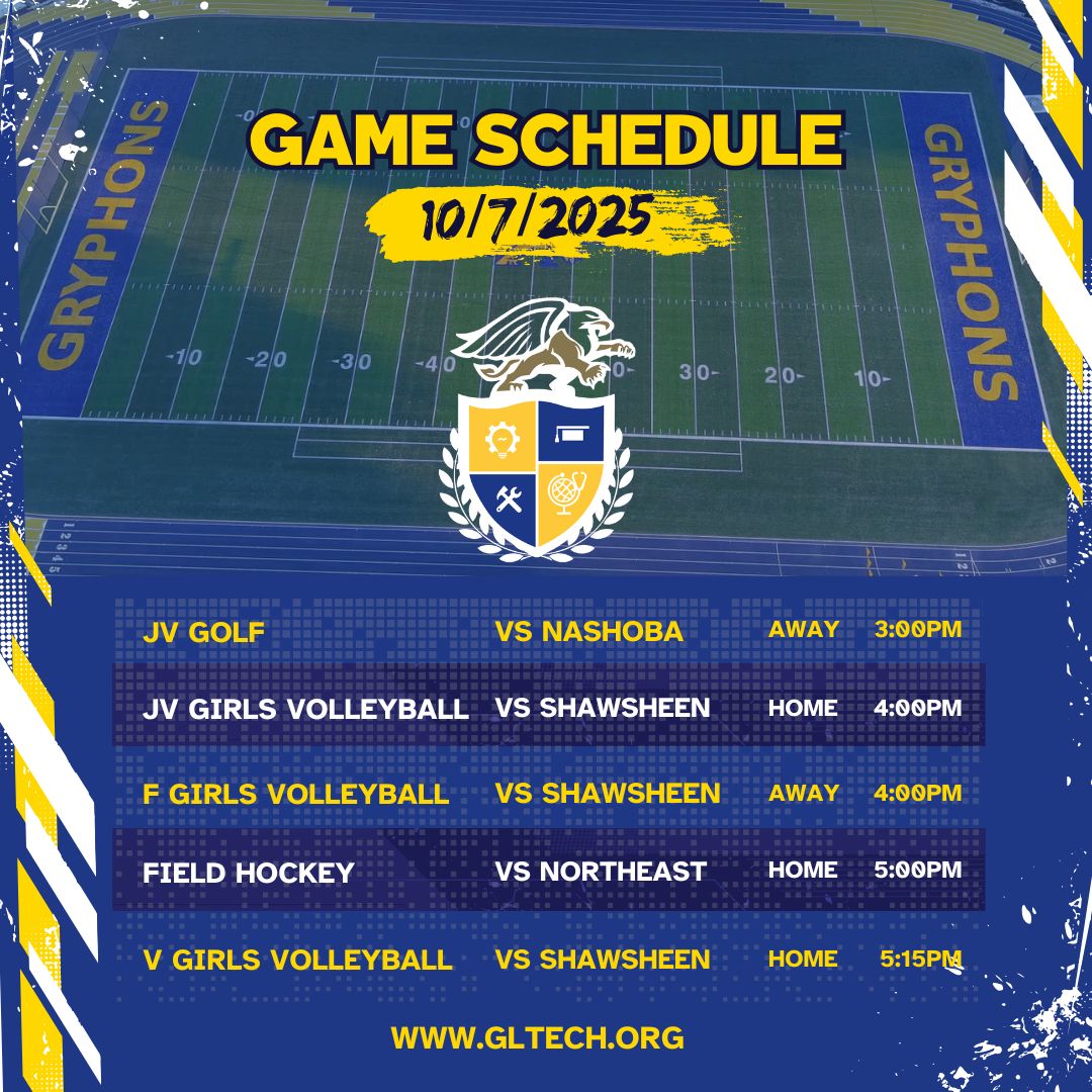 It's Game Day, Gryphons!

⛳ Junior Varsity Golf at Nashoba | 3:00 PM
🏐 JV Girls Volleyball vs Shawsheen | 4:00 PM (HOME)
🏐 Freshman Girls Volleyball vs Shawsheen | 4:00 PM
🏑 Field Hockey vs Northeast | 5:00 PM (HOME)
🏐 V Girls Volleyball vs Shawsheen | 5:15 PM (HOME)

#GLTHS