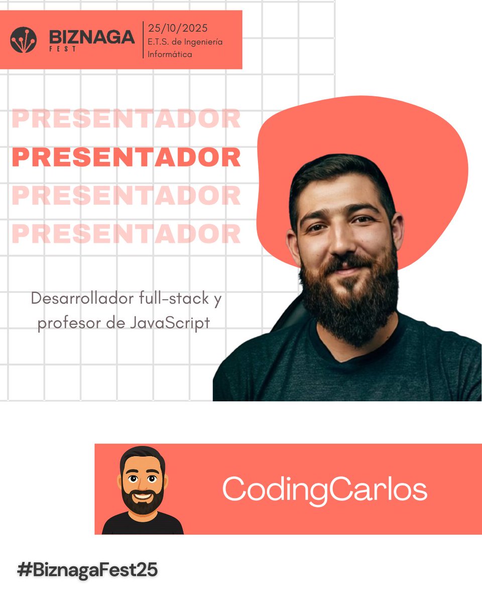 BiznagaFest's tweet image. 🎤 ¡Damos la bienvenida a @CodingCarlos
como Presentador de #BiznagaFest25!
💭Desarrollador full-stack, profesor de JavaScript y apasionado por compartir conocimiento de manera cercana y auténtica.
📅25 de octubre | E.T.S. de Ingeniería Informática - Málaga
