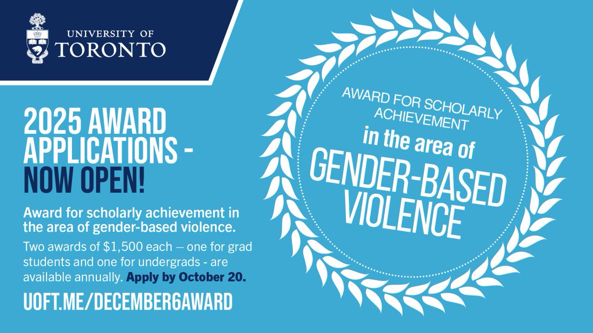 Applications for the Award for Scholarly Achievement in the Area of Gender-Based Violence are due on Oct. 20, 2025 📅 This awards recognizes students who have made distinctive contributions in the area of #GBV  research and prevention.  

Apply today: uoft.me/december6award