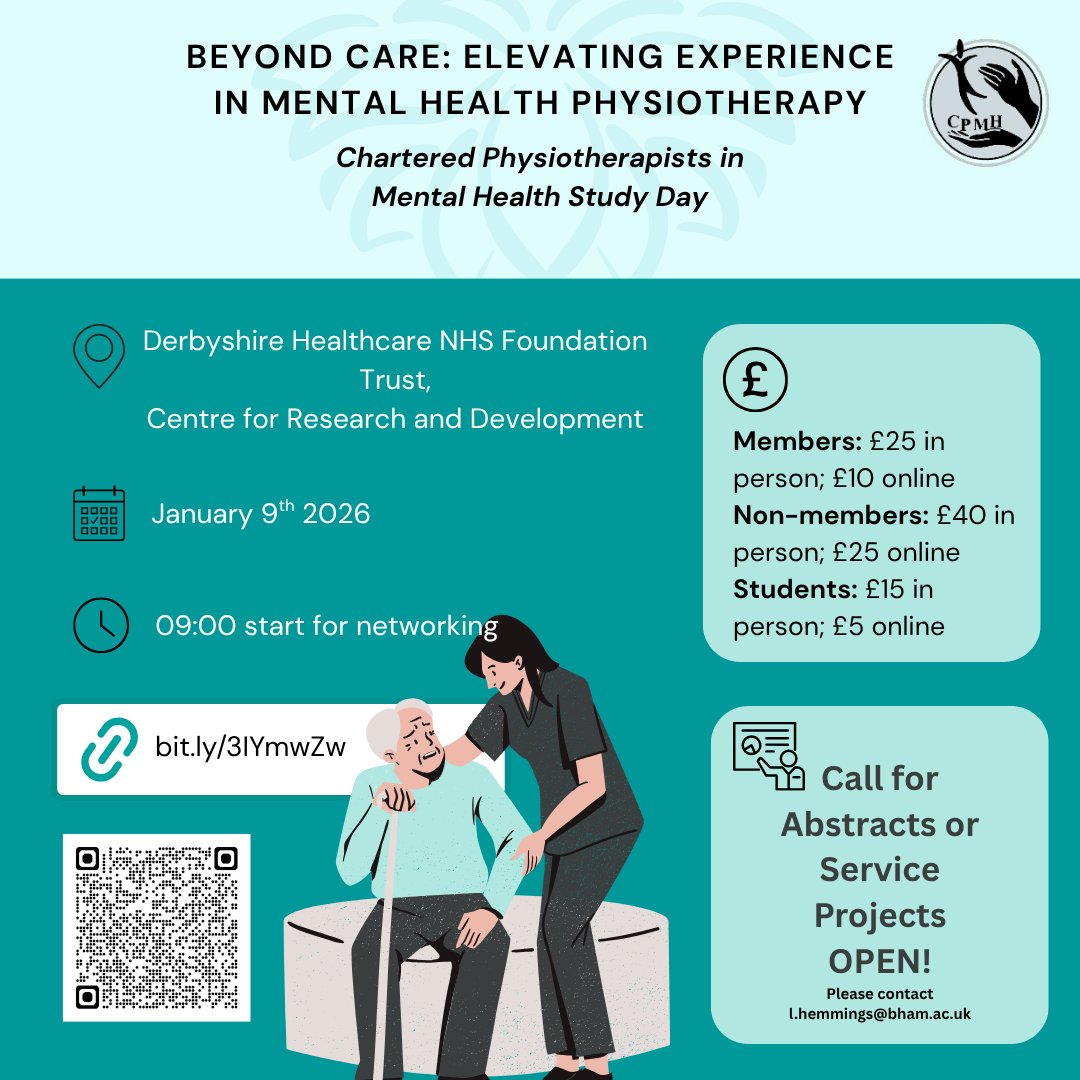 Come join us in January for our next study day- 

'Beyond Care: Elevating Experience in Mental Health Physiotherapy' 
 
Link to register: bit.ly/3IYmwZw