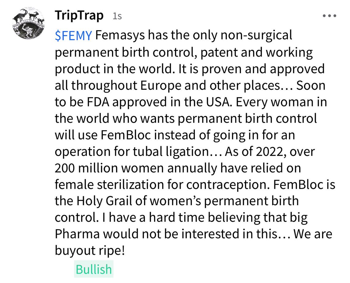 $FEMY Femasys has the only non-surgical permanent birth control, patent and working product in the world.