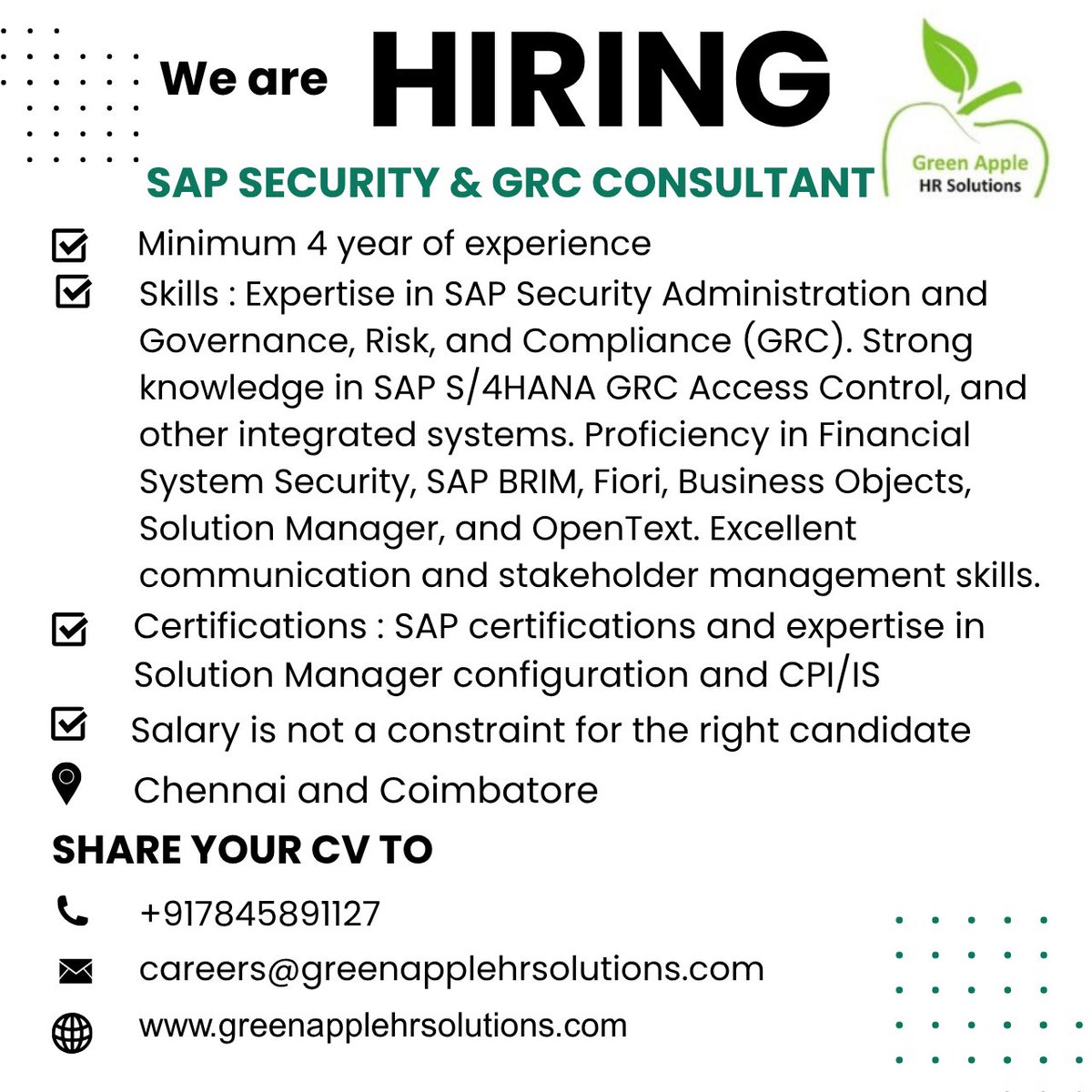 greenapplehr's tweet image. looking for SAP SECURITY & GRC CONSULTANT with minimum 4 year of experience
Skills :Expertise in SAP Security Administration and Governance, Risk, and Compliance (GRC).
candidates can share your profile to careers@greenapplehrsolutions.com or Reach @7845891127
#SAPSecurity