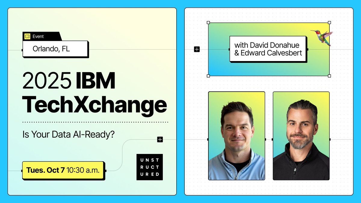 UnstructuredIO's tweet image. 👋 We’re at @IBM TechXchange 2025!

Catch @DD_Unstructured, Head of Strategy at Unstructured, on stage with @ECalvesbert, VP of Product Management at @IBM watsonx.

They’ll share how Unstructured and IBM are partnering to make enterprise data AI-ready — turning complex documents,…