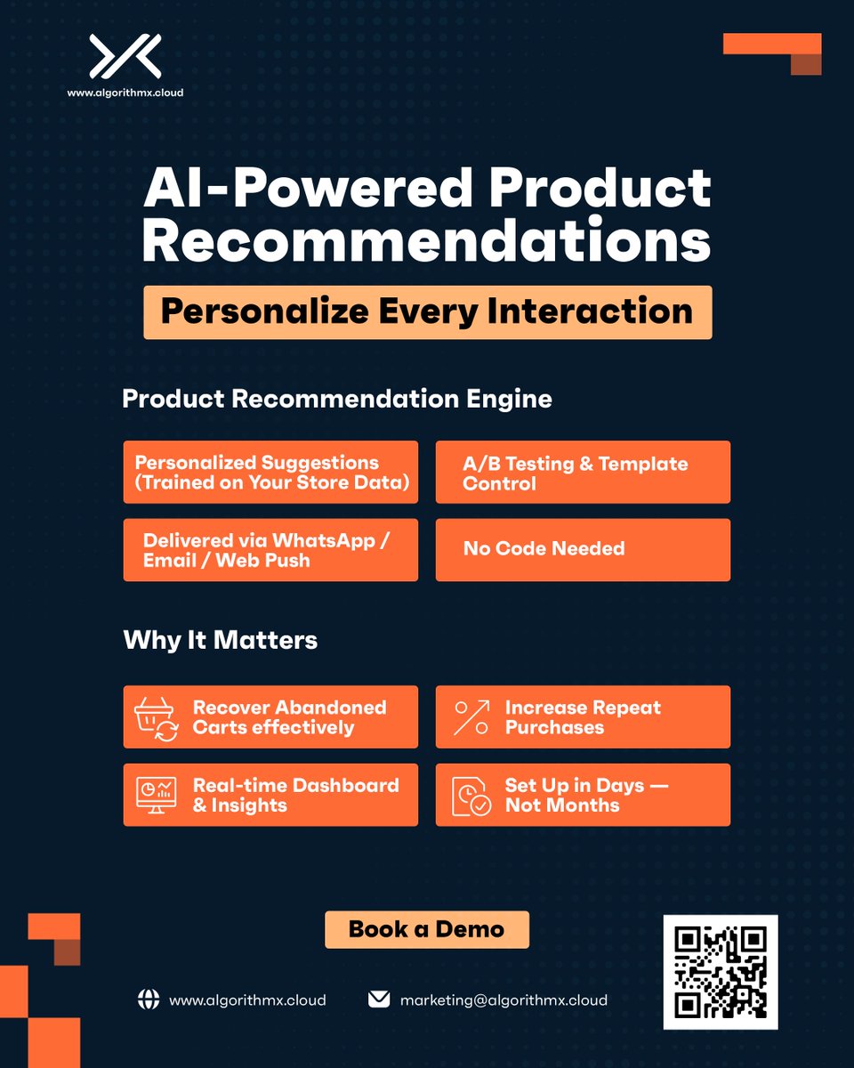 AlgorithmXcloud's tweet image. Ecommerce growth is no longer about sending more messages. It’s about sending the right message to the right user at the right time. AlgorithmX combines Omnichannel Messaging, Automatic Segmentation and Product Recommendations to help brands convert traffic into loyal customers.