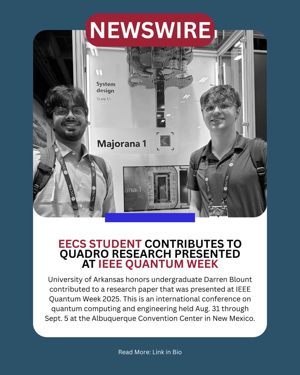 UArkEECS's tweet image. Honors undergraduate Darren Blount played a key role in groundbreaking QUADRO research—combining quantum and classical computing to optimize drone delivery—and saw his work presented at IEEE Quantum Week 🚀 Read more at the link in bio!

#UArkEECS #IEEE #QuantumWeek #LinkinBio