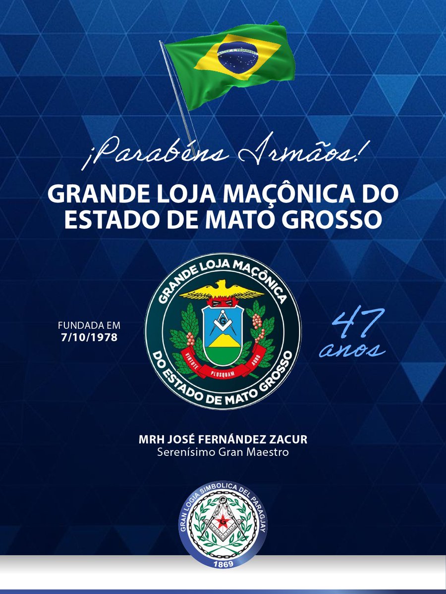 Saludamos a la Grande Loja Maçônica do Estado de Mato Grosso por su aniversario N° 47.

¡Felicidades Hermanos! 🇵🇾🤝🇧🇷

#MatoGrosso #Brasil #UnaSola #Regular #Sesquicentenaria #GLSP #MasoneríaRegular #MasoneríaParaguaya #Freemasons #GranLogiaSimbólicadelParaguay