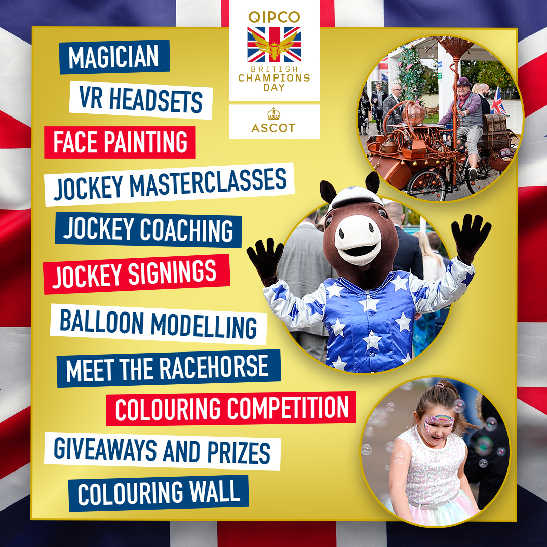 Champions_Day's tweet image. Top racing, top entertainment - QIPCO British Champions Day has it all 🎉

Our dedicated Family Zone offers FREE activities and under 18s race FREE!

Book today🔗ascot.com/racedays/champ…