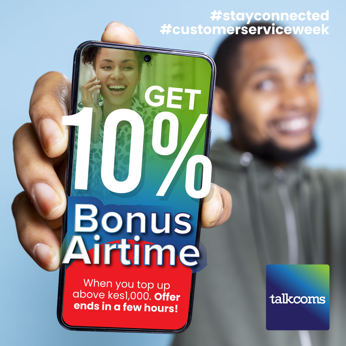 🎉Customer Service Week Special!🚀Mission: Possible with Talkcoms💙. Get a 10% BONUS airtime on top-ups above KES1,000 —  today only!  Stay connected. Stay empowered.⏰Offer valid 7th Oct. 👉Top up now via Talkcoms. #CustomerServiceWeek #TalkcomsCares #MissionPossible #BonusAlert
