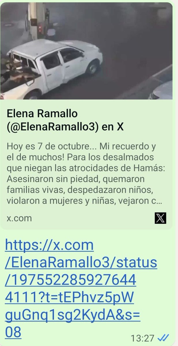 Rt 
Me han CENSURADO mi pequeño homenaje, eliminando el tuit.
Unas palabras ( que repito) y un video de la masacre de estos bestias.
Hoy es 7 de octubre...
Para los desalmados que niegan las atrocidades de Hamás:  
Asesinaron sin piedad, quemaron familias vivas, despedazaron