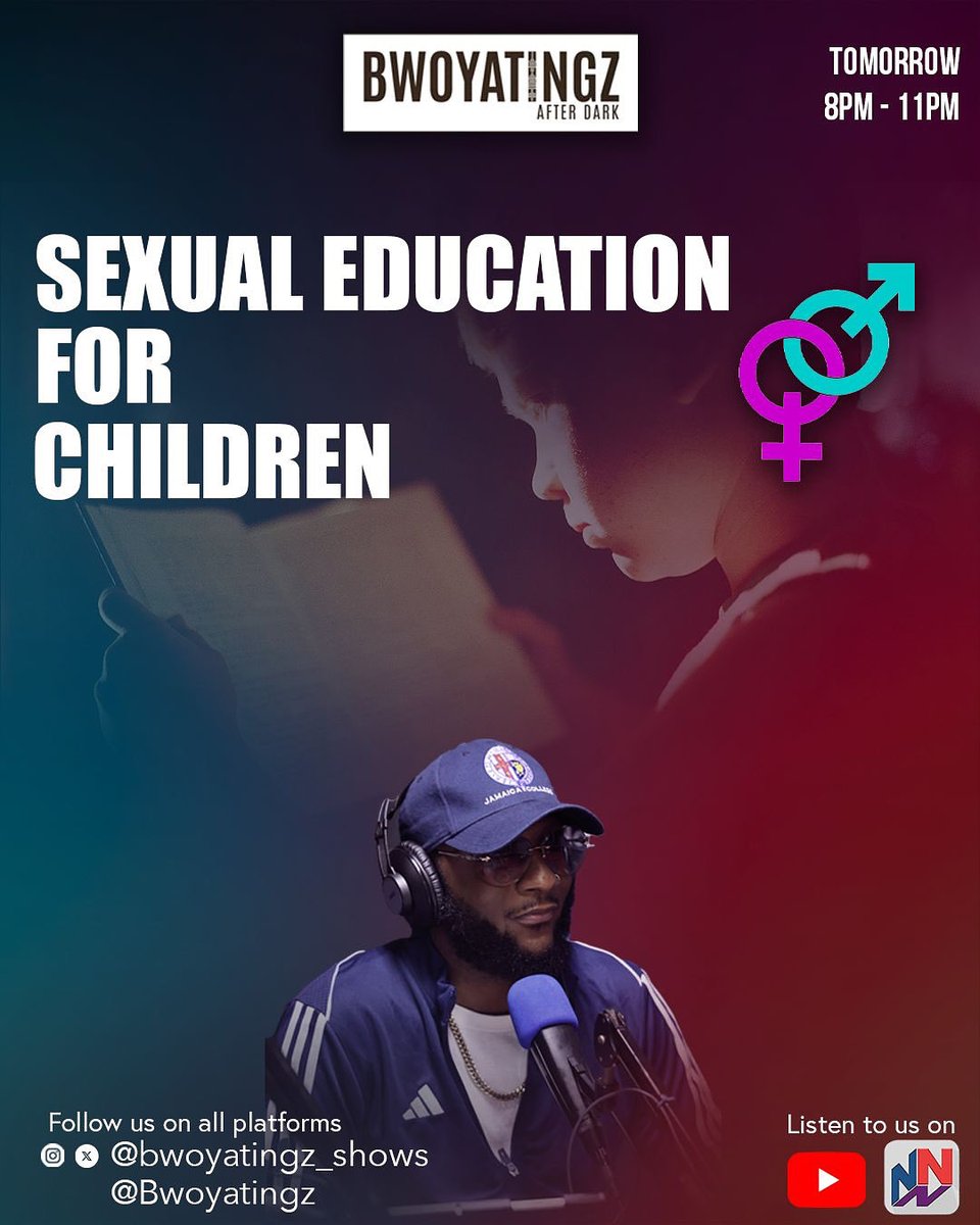 Sexual Education for Children 👶🏽
When should kids learn about sex, consent &amp; body awareness?

Tomorrow on #BwoyatingzAfterDark | 8PM–11PM
🎧 YouTube + <a href="/NationwideRadio/">Nationwide90FM</a> App

#SexEd #ChildDevelopment