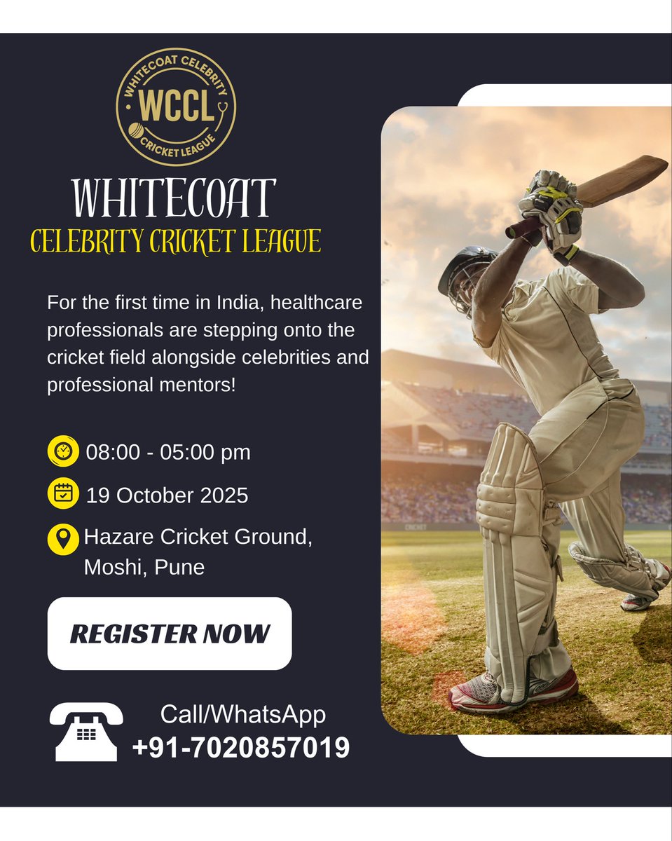 WCCLT20's tweet image. 🏏 Doctors, step out of the clinic &amp;amp; onto the pitch! Play with celebrities &amp;amp; mentors at WCCL-T20 🌟
📅 19 Oct 2025 | 📍 Hazare Cricket Ground, Pune 👉 Register now: wcclt20.com/register 📲 +91 70208 57019
#WCCL #DoctorsWhoCricket #PuneTrials