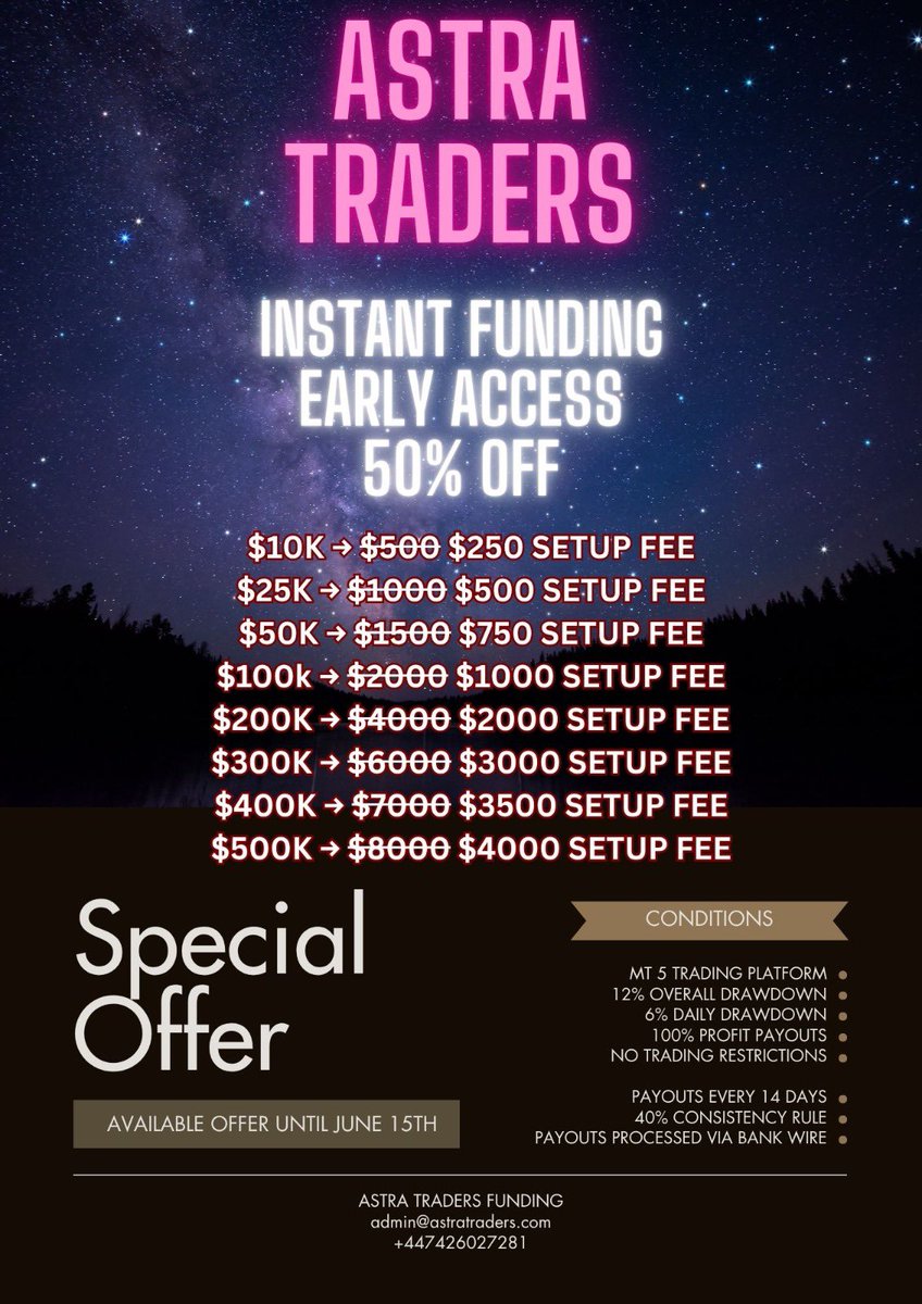 justmendex's tweet image. 🚨Instant Funding account 🚨
📊MT5 Trading Platform
📈 $10k Instant accounts for only ($250)
💸Withdraw 100% Payout of your payout only at @AstraTraders
50% OFF for new user
DM me or @AstraTraders for details