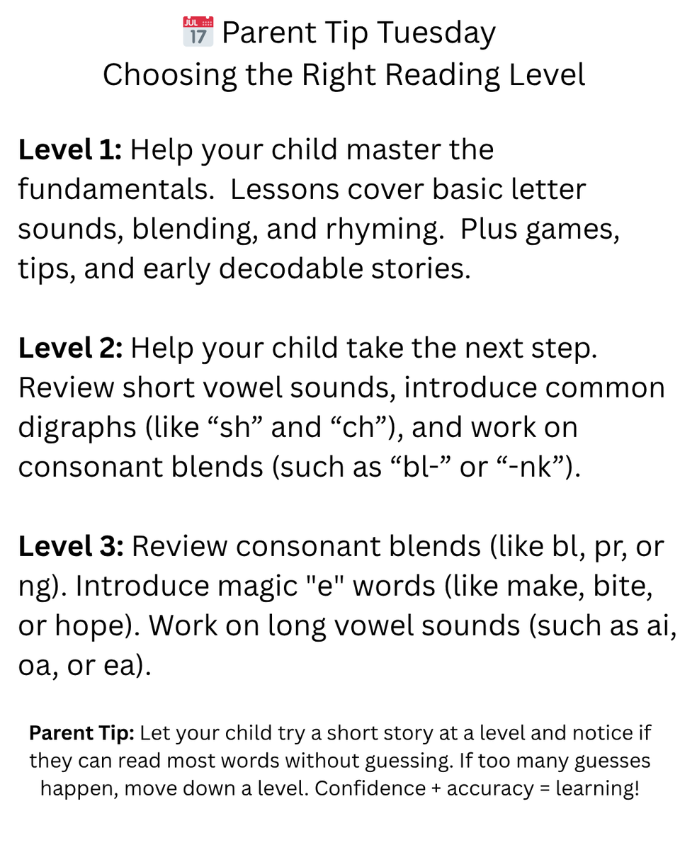 ReadNotGuess's tweet image. Parent Tip Tuesday! 📚 Choosing the right reading level helps your child build confidence and enjoy reading success.
#ReadNotGuess #ReadingProgram #Literacy