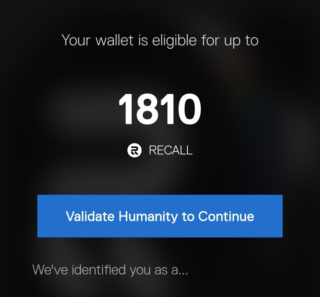 Recall空投可以查询了，空投前需要完成人性认证，满足20分即可查询链接：https://t.co/91R9c7kjUf