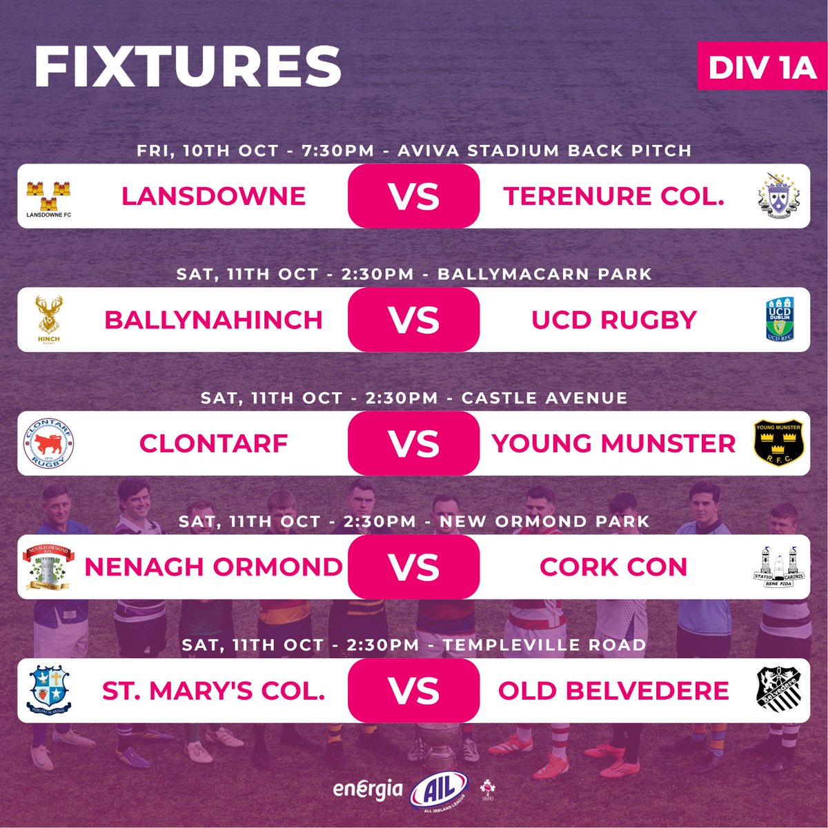 IrishRugby's tweet image. Round 3 fixtures for the Men&apos;s #EnergiaAIL this weekend 🧵🏉

The two remaining unbeaten sides in 1A face off as Old Belvedere make the short trip to St. Mary&apos;s College. 

#IrishRugby