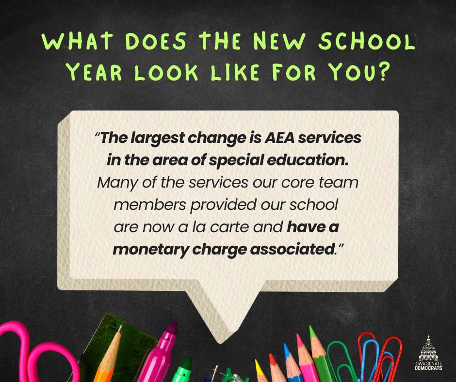 IowaSenate's tweet image. We asked, you answered. The most common topics respondents talked about in our back-to-school survey were school funding, cell phone restrictions, AEA services and cuts, growing class sizes, overworked teachers and staff, and private school vouchers.