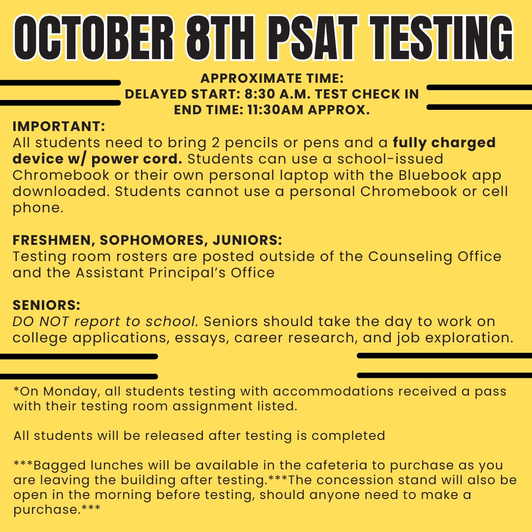 ALHSGuidance's tweet image. It&apos;s GO time for PSAT testing tomorrow! See your counselor with questions!
Please note- this is a delayed start. We hope to begin testing at 9am.
Seniors- make it a day ON!
