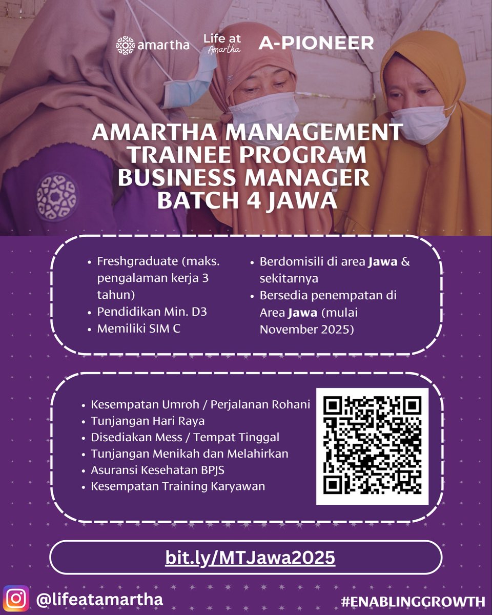 lokerjogja_'s tweet image. 💜 Freshgraduate, waktunya #EnablingGrowth bareng Amartha!
Yuk mulai perjalanan kariermu jadi Business Manager lewat Management Trainee Program Batch 4 Jawa 

Kenapa harus join?
✅ Fast track karier dengan training intensif
✅ Benefit lengkap: Gaji, Mess, BPJS, Tunjangan Hari…
