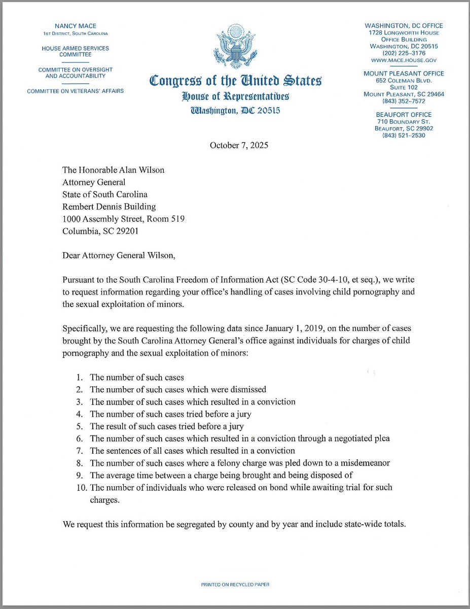 RepNancyMace's tweet image. Here @AGAlanWilson - this FOIA is for you. Quick turnaround is best, for every South Carolina family.
---------------------
October 7, 2025

Dear Attorney General Wilson,

Pursuant to the South Carolina Freedom of Information Act (SC Code 30-4-10, et seq.), we write to request…