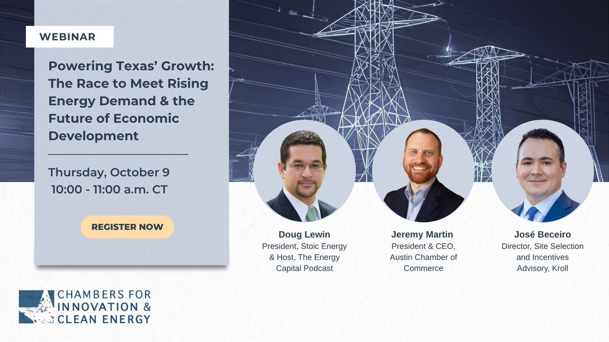This Thursday! ⚡️

Join us for a solutions-focused webinar on how clean energy, smart permitting, and balanced siting strategies can strengthen your region’s competitiveness.

🔗 Don't miss it: chambersforinnovation.com/events/2025/10…

#Webinar #TexasEnergy #EnergyDemand #CleanEnergy #ERCOT