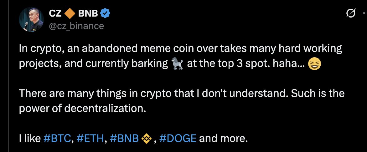 CorbinHeart223's tweet photo. 早在 2021 年，赵长鹏就曾谈论过狗狗币（DOGE）能跻身前三加密货币是多么奇怪，狗狗币当时是一个被遗弃的 memecoin。他开玩笑地称狗狗币为🐩，也就是贵宾犬。贵宾币。

Back in 2021, CZ was talking about how bizarre it is for DOGE, an abandoned memecoin at the time, to be in the top 3 cryptos. He referenced it as a 🐩, aka a Poodle, as a joke. Poodlecoin.

https://t.co/NJxB5Os72q