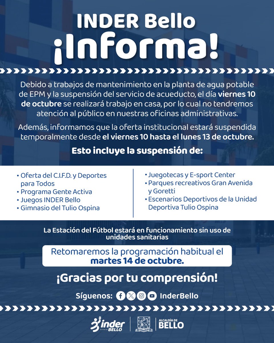 🔔 Atención comunidad
Por trabajos de mantenimiento  realizados por EPM  y el corte del suministro de agua, nuestra oferta institucional tendrá modificaciones en su funcionamiento.

💧 Te invitamos a leer detenidamente la información publicada.⤵️

Agradecemos tu comprensión y