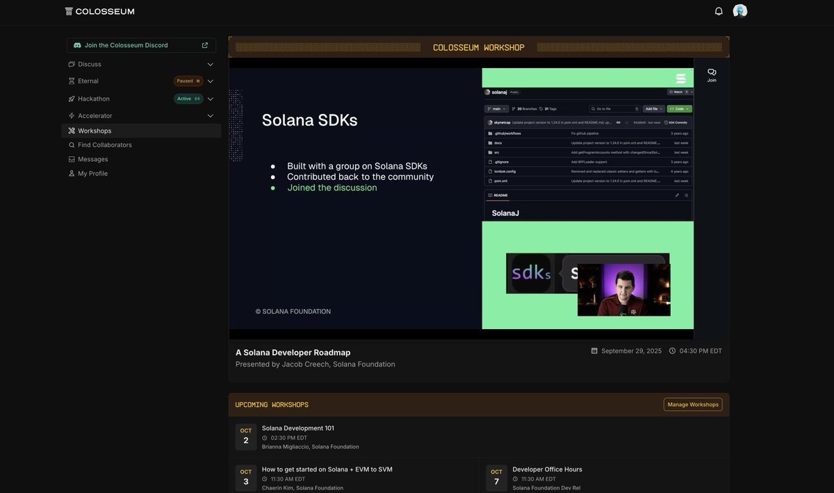Screenshot of Colosseum's workshop interface showing Solana SDKs and upcoming sessions
