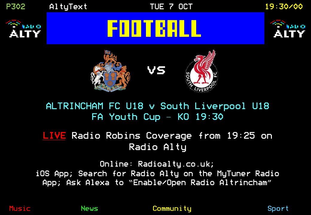 It's Cup night at <a href="/altrinchamfc/">Altrincham FC</a>, as <a href="/robinsyouth/">Altrincham FC Academy</a> are in rearranged FA Youth Cup action against <a href="/SouthLplFC/">South Liverpool FC</a> U18 at the J Davidson Stadium. Live Radio Robins coverage from <a href="/tomjolley9/">Tom Jolley</a> and <a href="/BenEdwar12/">Ben Edwards</a> is live from 19:25 on <a href="/RadioAlty/">Radio Alty</a>. #YourTownYourClub