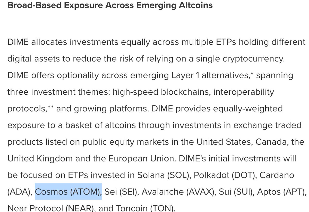 Breaking: $ATOM ⚛️included in CoinShares “Altcoins ETF”

<a href="/CoinSharesCo/">CoinShares</a> Altcoins ETF (Ticker: DIME) - a U.S. ETF listed on Nasdaq, equal-weight exposure to 10 altcoins. Trading begins Oct 7, 2025.  ￼

Initial basket

🔸 $ATOM $SOL $DOT $ADA $SEI $AVAX $SUI $APT $NEAR $TON as the