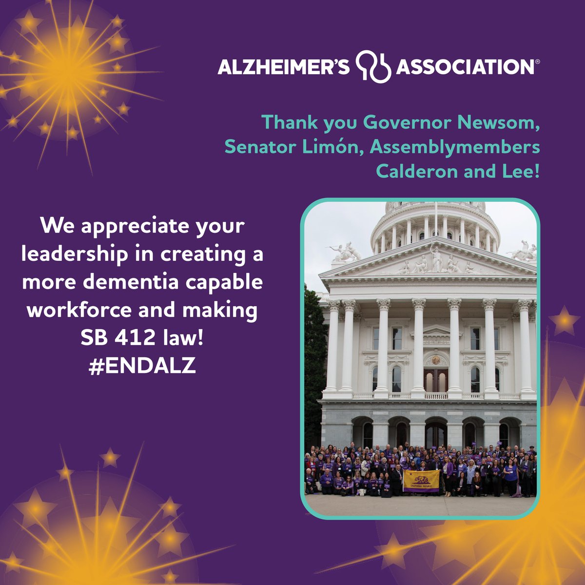 californiaalz's tweet photo. 🎉 Victory! SB 412 is now law—thanks to incredible leadership and YOUR advocacy! Huge thanks to @CAgovernor, @MoniqueLimonCA , @AsmLisaCalderon, and @alex_lee  for championing a dementia-capable workforce. Together, we make change happen! 💜 #ENDALZ https://t.co/UepcQLpbLw
