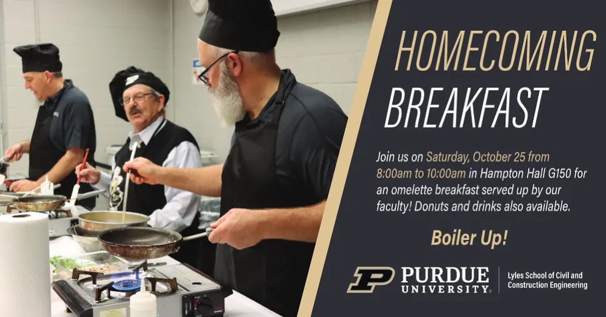 Calling all alumni! Join us for a Homecoming Breakfast hosted by the Lyles School of Civil and Construction Engineering. Reconnect and network with alumni, faculty, staff, and students while enjoying breakfast served by our faculty and staff.

Register: bit.ly/CCEhomecomingB…