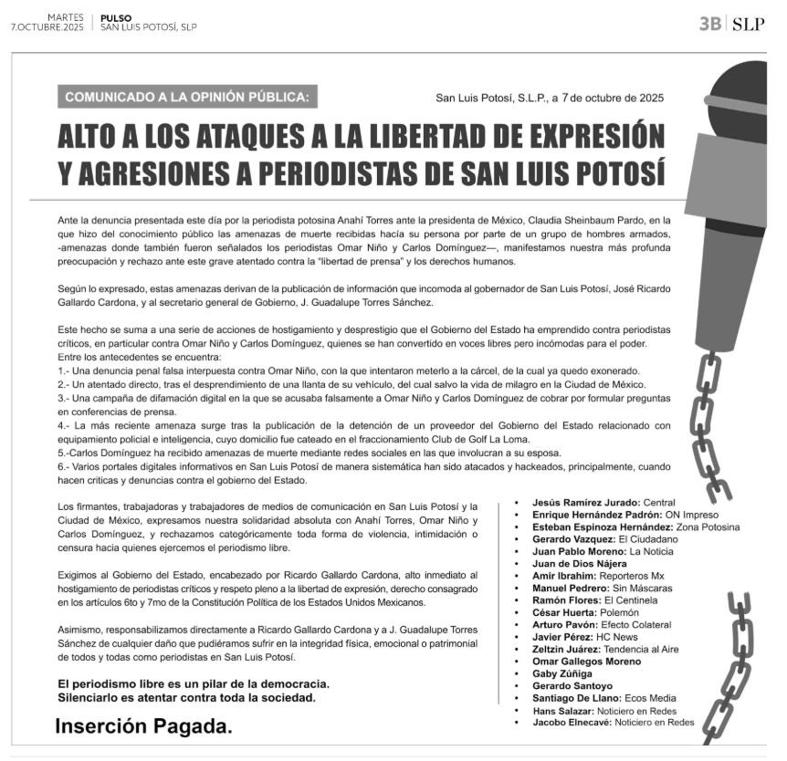 Desde <a href="/ElCentinelaInf/">El Centinela Informa</a> le enviamos nuestra solidaridad a <a href="/CharlyTamps/">Charly Domínguez</a> <a href="/OmarNNoticias/">Omar Niño Noticias</a> debido a las amenazas que han sufrido por parte del Gobernador de San Luis Potosí <a href="/RGC_Mx/">Ricardo Gallardo Cardona 🇲🇽</a> y su secretario de gobierno, “no se mata la verdad, matando periodistas”.