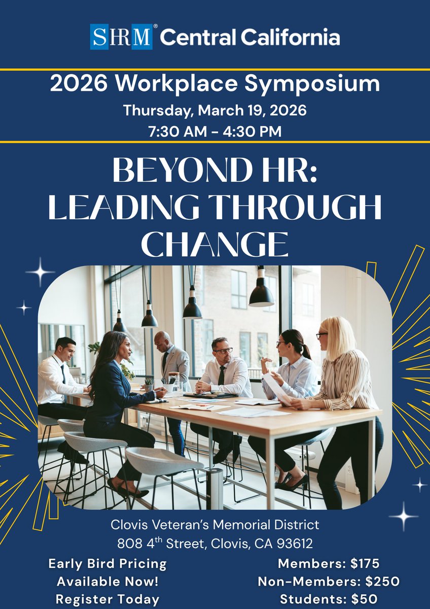 CenCalSHRM's tweet image. Beyond HR – Leading through Change! This year’s 2026 Workplace Symposium registration is open for all attendees and Exhibitor opportunities are available at bit.ly/ccshrm_ws26_ex…! Member, non-member, student, and full table pricing available. #BeyondHR #LeadingThroughChange