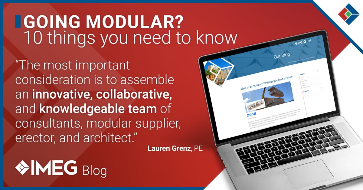 IMEGcorp's tweet image. In IMEG&apos;s latest blog, IMEG’s Lauren Grenz shares 10 things you need to know if you’re considering modular construction for your next project.

Read the blog ➡️ pulse.ly/wcxh6b2jsz

#ModularConstruction #InnovationInDesign #EngineeringExcellence #WeareIMEG