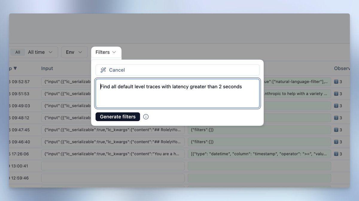 New at @Langfuse: Natural Language Filtering for Traces. 

Use plain English queries to simplify trace filtering. Powered by AWS Bedrock with zero data retention.